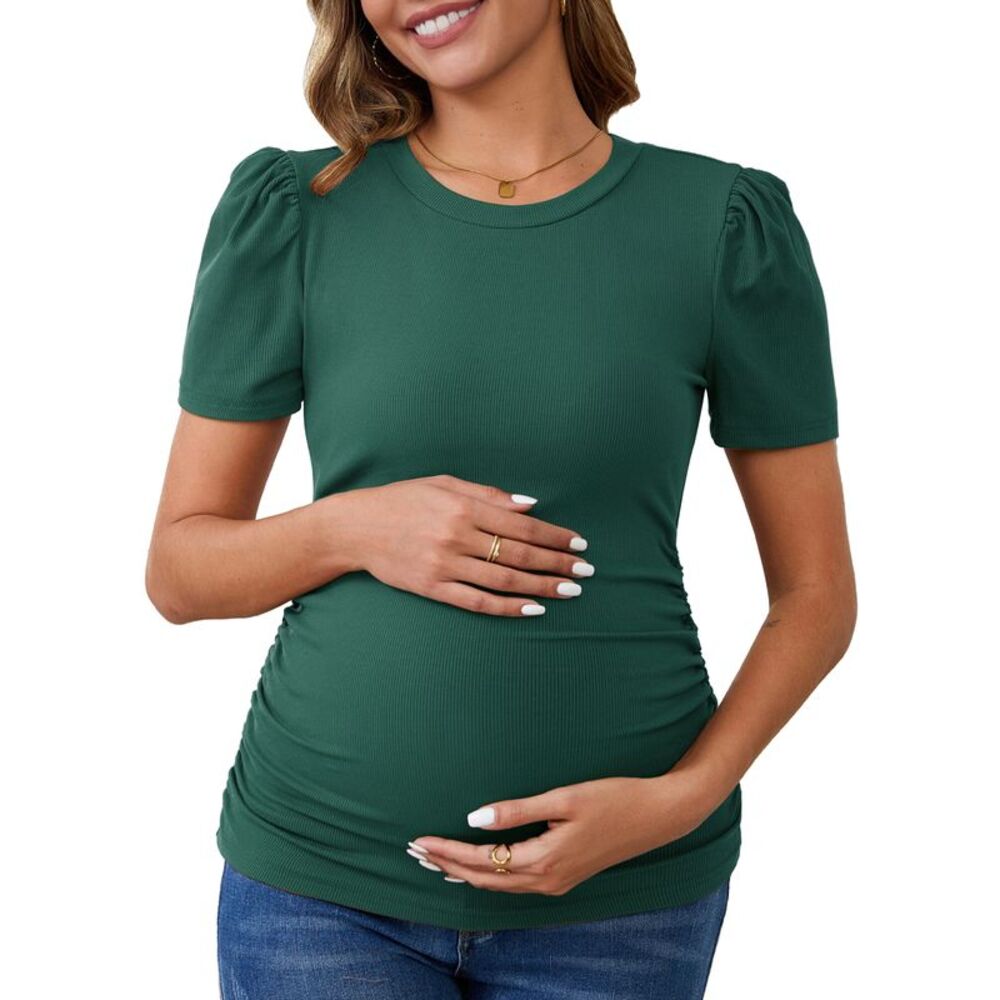 Maternity Business Short Sleeve Side Ruched Ribbed Knit Puff Shirts Green